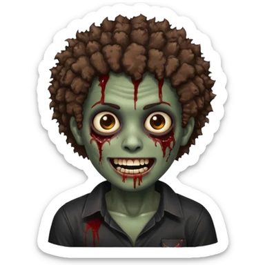 zombie with brown skin, short messy afro hair, wide centered brown eyes, dark bloody marks under the eyes, and a smile showing shiny metal teeth,black shirt, giving a distressed, undead look. sticker