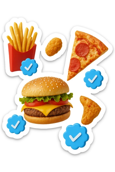 fast food realistico fluttua in aria insieme a spunte di verificato in 3d sticker