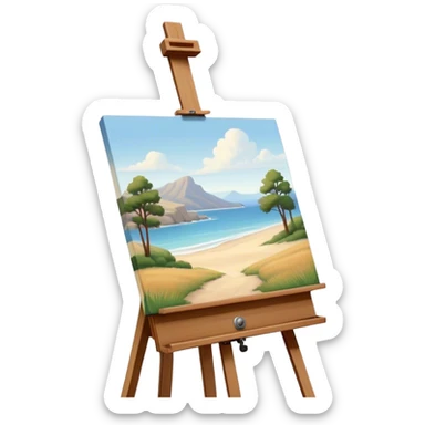 Cinematic Realistic image of a pristine canvas mounted on a sturdy wooden easel, with the canvas’ smooth surface and the easel’s detailed grain rendered in soft natural light, evoking a quiet moment of creative anticipation sticker