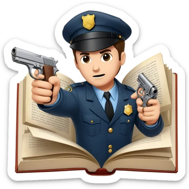 Icon for Action & Crime Reading: an open book with action-packed scenes, featuring a gun, handcuffs, a detective's badge. The icon should capture the tension and excitement of crime and action stories. Transparent background. sticker
