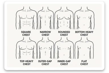 Make image of types of male chest shapes, few examples: Square chest, Narrow chest, Rounded chest, Bottom-heavy chest, Top-heavy chest, Outer-dominant chest, Inner-gap chest, Flat chest. sticker