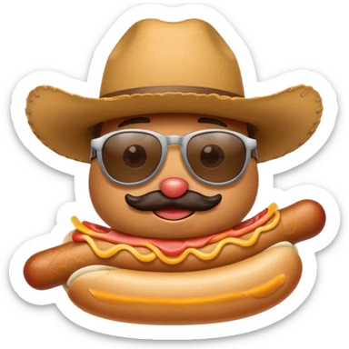 A hotdog with sunglasses and a cowboy hat sticker