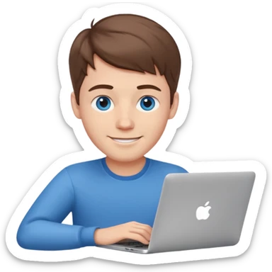 blue-eyed European man typing on a MacBook, friendly look emoji sticker