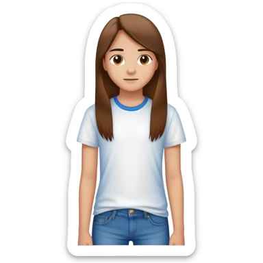 A 15 year old gear with brown eyes, long brown straight hair, wearing a plain white t shirt, and blue jeans sticker