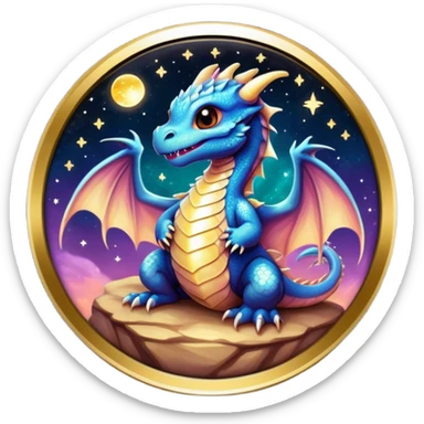 A round bezeled button with an Airbrush painted image of a dragon hatchling under a deep galactic sky with pearlescent scales and wings spread against the stars sticker