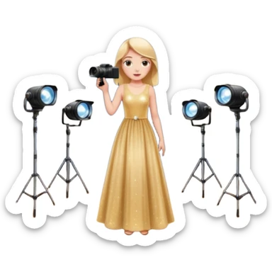 Девушка одета в дорогое платье , стоит на сцене. Рядом свет софитов, много камер, ее фотографируют  sticker