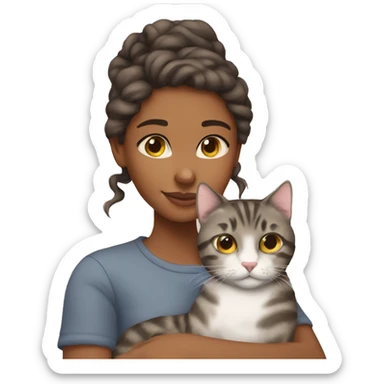 brownskin girl cuddling one gray tabby cat sticker
