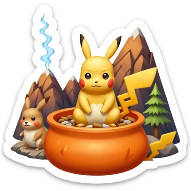 Un Pikachu rouge qui et triste avec des éclairs en fond et il a fait caca et pipi dans un pot orange et une montagne derrière  sticker