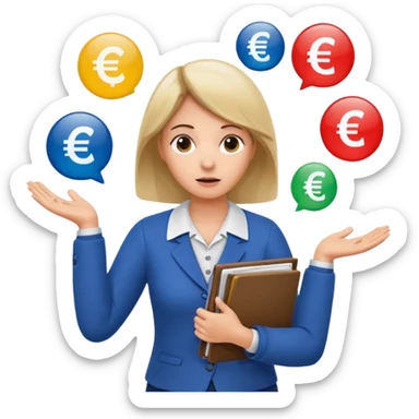 A confused female kindergardenteacher shrugging shoulders with euro symbols and documents floating around. sticker