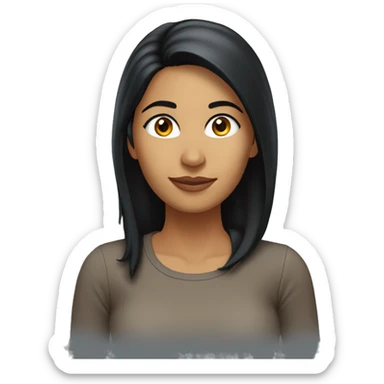 A head and shoulders shot of a 33 year old South Asian woman, with long black hair,   with brown eyes wearing a t-shirt. sticker