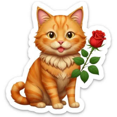 A fluffy, orange tabby cat fuul body, having a rose in it's mouth, and looked like he came from outside. sticker