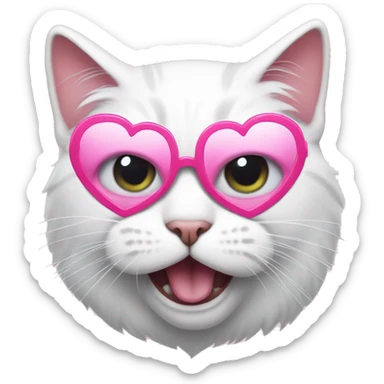 Angry white cat wearing pink heart-shaped glasses sticker