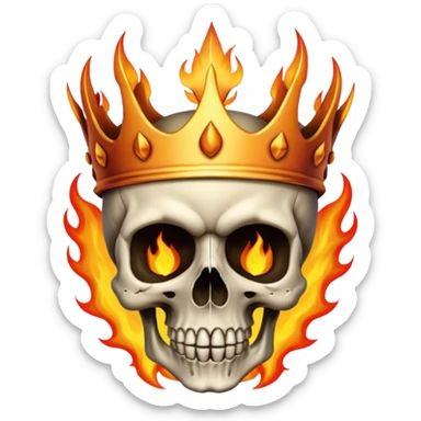 A detailed skull crowned by realistic flames, gothic metal aesthetic, high contrast, soft neutral background, subtle shadow, emoji-style icon, clean edges, digital illustration. sticker