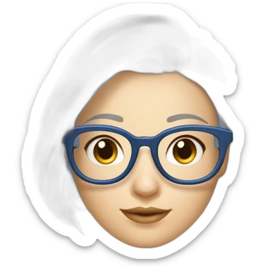 femme mathematicienne maigre blanche cheveux chatains en chignon bas avec des lunettes carrées transparentes fines. Elle porte un sous pull bleu sticker