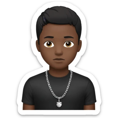 Generate a emoji of a black boy with dark skin, wearing a black compressed T-shirt, with short 4C black hair and make him wearing a silver chain, and make the chain thin sticker