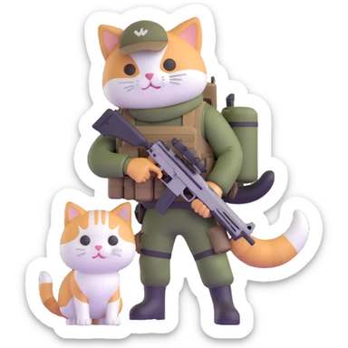 Man in tactical airsoft gear holding a gun in one hand and a white and brown cat in the other hand sticker
