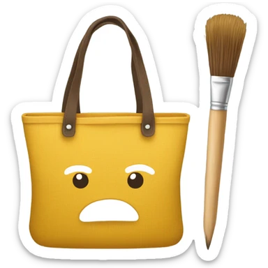 Brown and yellow tote bag with paintbrush and sad  sticker