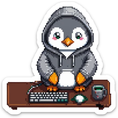 A cute penguin wearing a cozy hoodie typing on a computer keyboard sticker