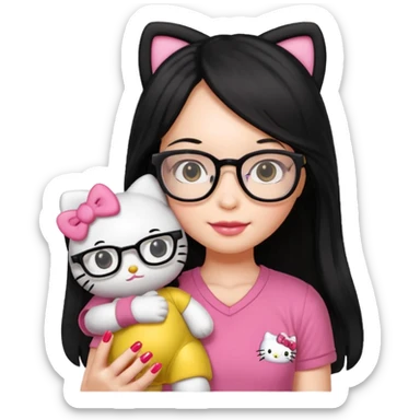 Nails cute with hello kitty wear glasses black long  hair, wear yellow shirt , red nails , big hello kitty doll sticker