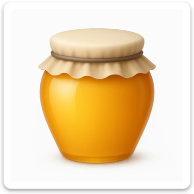 Create an emoji with no face that looks exactly like the reference image. The style should be iOS emoji style: 3D, shiny, smooth gradients, soft shadows, realistic honey jar shape with a cloth lid, no face. Add a soft shadow under the jar. sticker