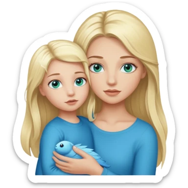 blonde baddie girl  with blue-green eyes, Long lashes, long hair, Holding her little Boy  with blue eyes sticker