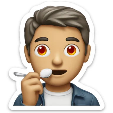 Man eating sugar from a spoon with red eyes sticker