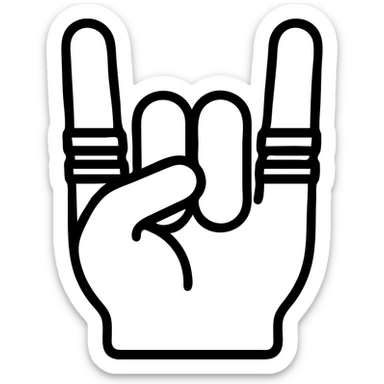 Make the rings on the hand more detailed while keeping the metal sign gesture. Maintain the outlined icon style with no background. sticker