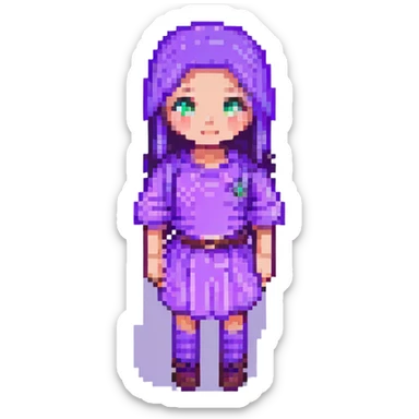 Change the girl's clothes to purple, keep the pixel art style, with no background. sticker