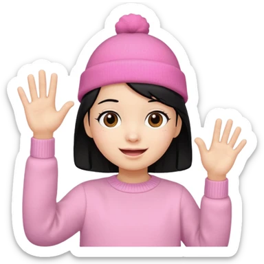 Kid in pink hat and jumper waving, blakc hair sticker