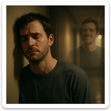 A man leaning against a wall in a softly lit hallway, eyes closed, with a faint double exposure of a more optimistic version of himself in the background, symbolizing a 'what if' after a diagnosis. Cinematic, emotional realism, symbolic duality, soft light, hyperrealistic 4K. sticker
