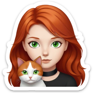 red haired girl green eyes  with black and white cat sticker