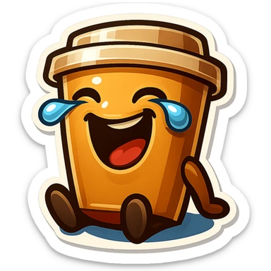 Tall coffee cup, laughing hard, tears in eyes, sitting on ground, tilted back, dramatic laugh sticker