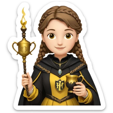 Helga Hufflepuff,the Hogwarts founder of Hufflepuff,brown-haired,2braids,yellow-black medieval dress with black cloak decorated with gold braiding,flickering magic wand and tiny two-handled shiny gold cup engraved with the badger silhouette,very kind smile,curvy busty sweet sticker