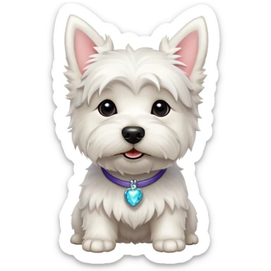 Cinematic Cute West Highland White Terrier Portrait Emoji, Head tilted playfully and inquisitively, featuring a fluffy, immaculate white coat with perky ears, round, sparkling dark eyes filled with curiosity, Simplified yet irresistibly adorable features, highly detailed, glowing with a warm, friendly glow, high shine, affectionate and lively, stylized with a touch of whimsy, bright and endearing, soft glowing outline, capturing the essence of a mischievous yet loving pup, so playful it feels like it could bound out of the screen and into your arms! sticker