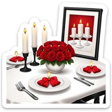 a chic restaurant, on the table there is a set of beautiful white dishes, candles are burning, next to it there is a bouquet of roses sticker