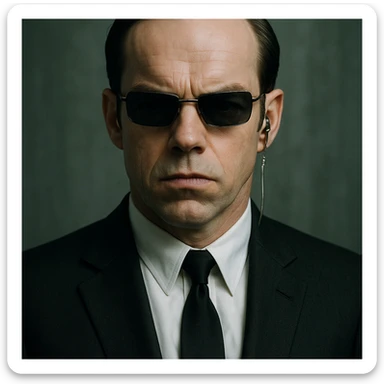 Agent Smith from The Matrix, wearing a black suit, sunglasses, and earpiece, stern expression, iconic look sticker