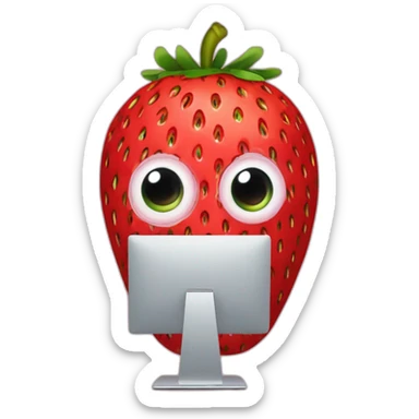 a strawberry with the body of a man with eyes a mouth a nose and everything else the strawberry is in front of a computer with a mask that hides his eyes so that we don't recognize his face sticker