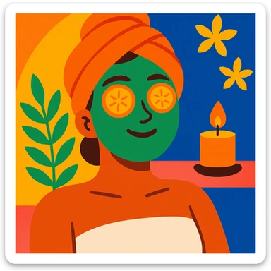 lady with a full face spa mask, relaxing, serene expression, modern illustration, beauty and wellness theme sticker