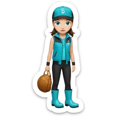 A landscaper in a beautiful turquoise jacket and turquoise rubber boots, black pants, and a black sleeveless shirt. On her head is a black color Swissotel baseball cap. The girl is a brunette with blue eyes. sticker