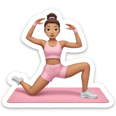 Mixed-race athletic woman with caramel skin, slim thick figure, wearing pastel pink workout shorts and white sneakers, stretching on a yoga mat sticker