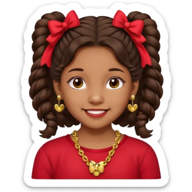 Brownskin girl dark brown hair fluffy. pigtails with red bows brown eyes smiling closed mouth red shirt gold esrrings gold necklace sticker