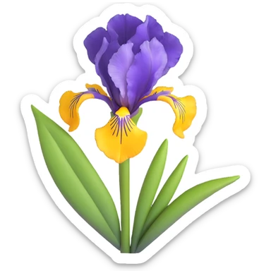 Detailed iris flower with rich purple color, classic iris structure with three hanging falls and three upright standards, green stem and leaves sticker