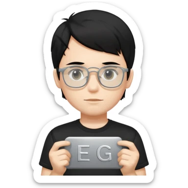 a boy wearing black t-shirts with the letters 'EDG', has fluffy short black hair and silver rectangular glasses sticker