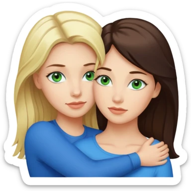 Blondynka z zielonymi oczami przytulająca się do brunetki z niebieskimi oczami sticker