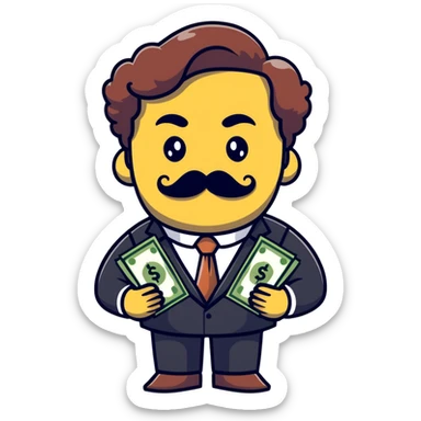 Finance broker with enormous curly mustache, business suit, dollar sign eyes, holding money sticker
