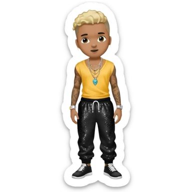 Chris Brown with black sequin baggy pants, shirtless with necklace sticker