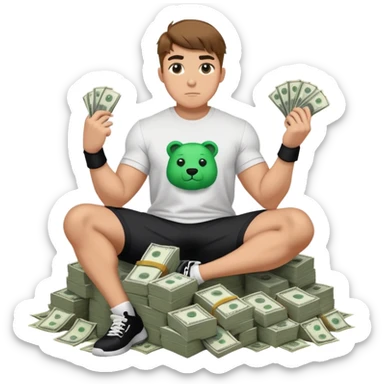 Mrbeast with a Mr beast shirt flexing his money sitting on a pile of cash sticker
