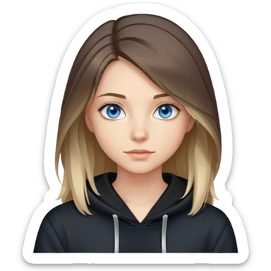 girl with blue eyes, shoulder-length hair with balayage highlights, wearing a black hoodie sticker