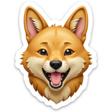 Cinematic Cute Yawning Dingo Portrait Emoji, Head tilted slightly with a dramatic, wide-open yawn, showcasing a soft, sandy fur with gently drooping ears and round amber eyes barely open in drowsy contentment, Simplified yet irresistibly adorable features, highly detailed, glowing with a soft, cozy glow, high shine, relaxed yet expressive, stylized with a touch of wild charm, bright and endearing, soft glowing outline, capturing the essence of a sleepy yet affectionate dingo, so drowsy it feels like it could stretch out of the screen and curl up for a nap! sticker