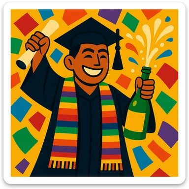 Make the confetti much bigger and more prominent, keeping the festive graduation scene and vibrant style. sticker